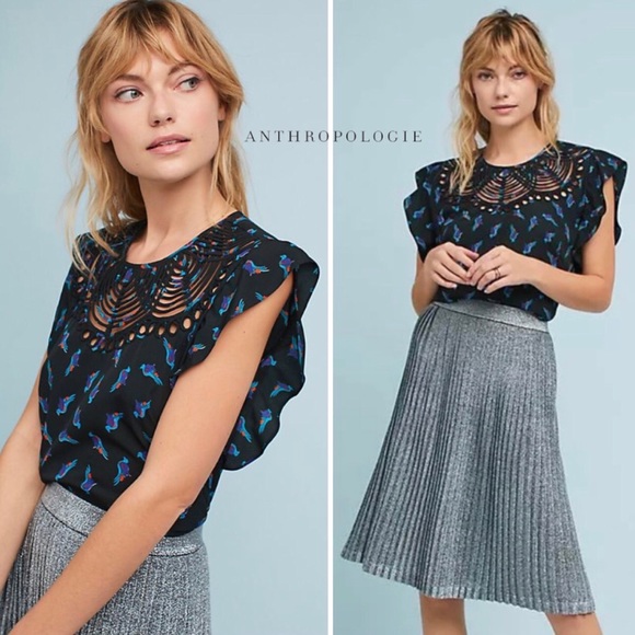Anthropologie Tops - Anthro Ranna Gill Fluttered Cutwork Bird Print Top